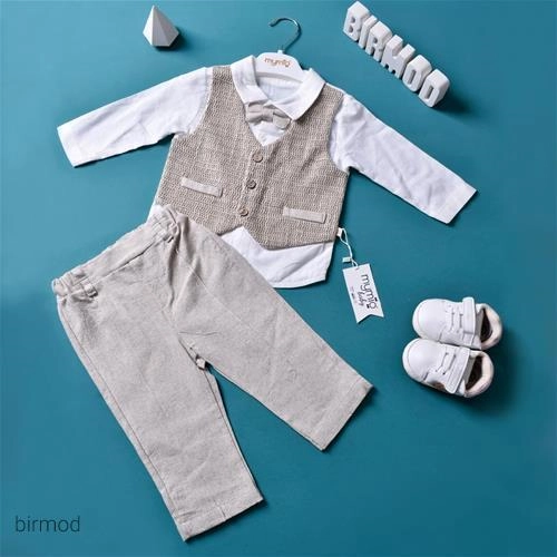 پسرانه سه تیکه مجلسی جلیقه و پاپیون دار سفید و کرم اورجینال مای میو ترکیه 4391