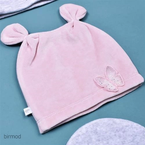 کلاه مخمل صورتی دخترانه طرح پروانه اورجینال کارامل ترکیه