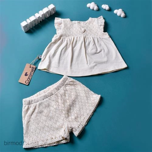 دو تیکه خامه دوزی شرتک و پیراهنی کرم اورجینال کارامل 1780