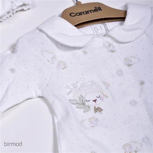 سرهم سفید یقه ب ب بسیار نرم طرح گوسفند دخترانه کارامل اورجینال ترکیه