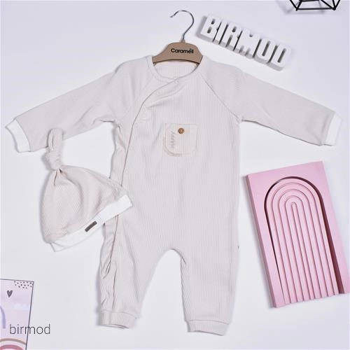 سرهم رنگ نود فوق نرم طرح راه راه دکمه دار با کلاه کارامل اورجینال ترکیه