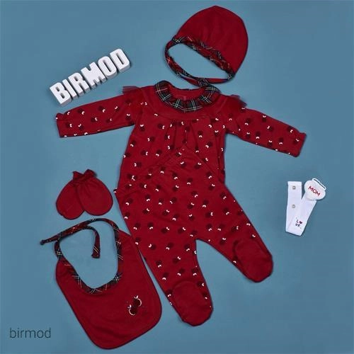 ست نوزادی پنج تیکه قرمز یلدایی کریسمسی طرح انار کارامل اورجینال ترکیه